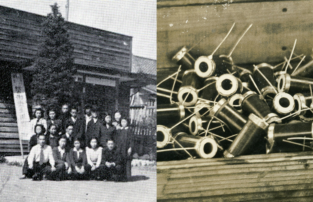 左：興亜⼯業社伊那⼯場（1943年） 右：当時のL型抵抗器
